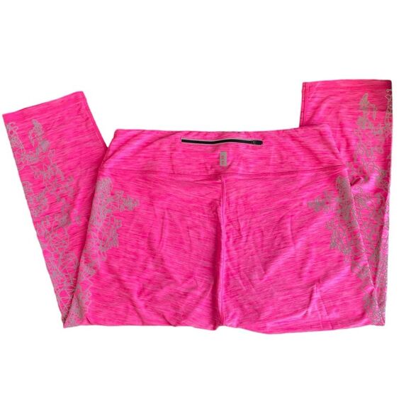 R8 pink 3/4 leggings, reflective geometric floral print, back zip pocket, sz 2X - Picture 1 of 8